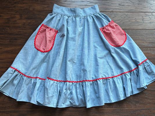 Vintage 1950s Chambray Western Apron Skirt with Red Gingham Pockets | Ric Rac Trim Prairie Cottagecore Ranch Style