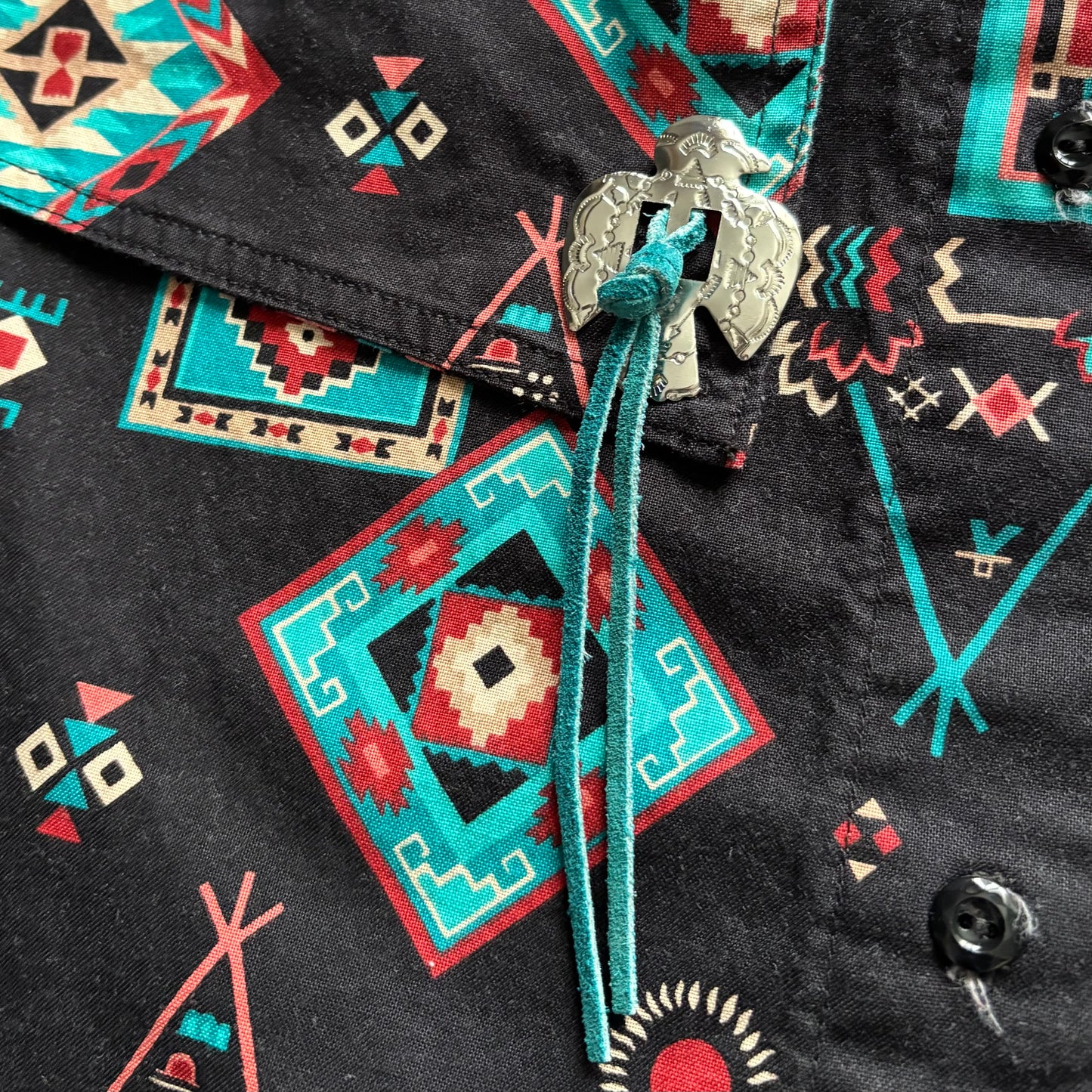 Vintage 90s Southwestern Layered Button Up Shirt with Bolo Tie Detail | Aztec Navajo Print Cowgirl Shirt