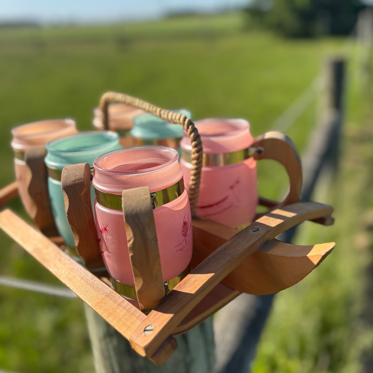 Vintage Siesta Ware Tiki Mug Set w/ Outrigger Caddy | Pastel Hawaiian Barware | MCM Set of 6