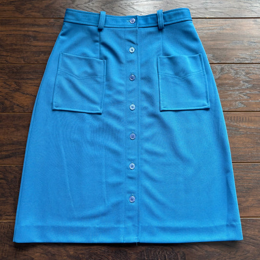 Vintage 1970s Blue A Line Button Front Skirt High Waisted Mod Retro Patch Pocket Midi Skirt Devon Polyester Women’s Size 12