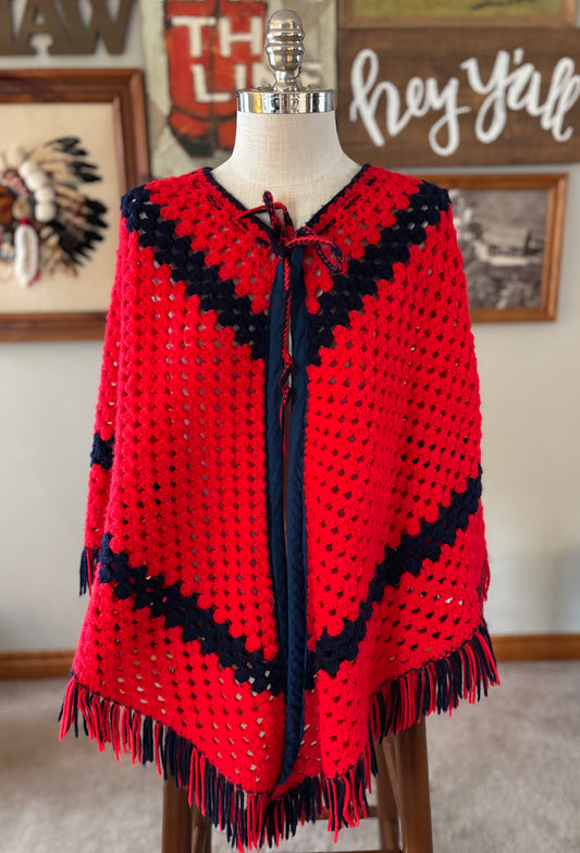 Vintage 70s Crochet Poncho Red Navy Blue Granny Square Fringe Cape | Handmade Boho Western Shawl