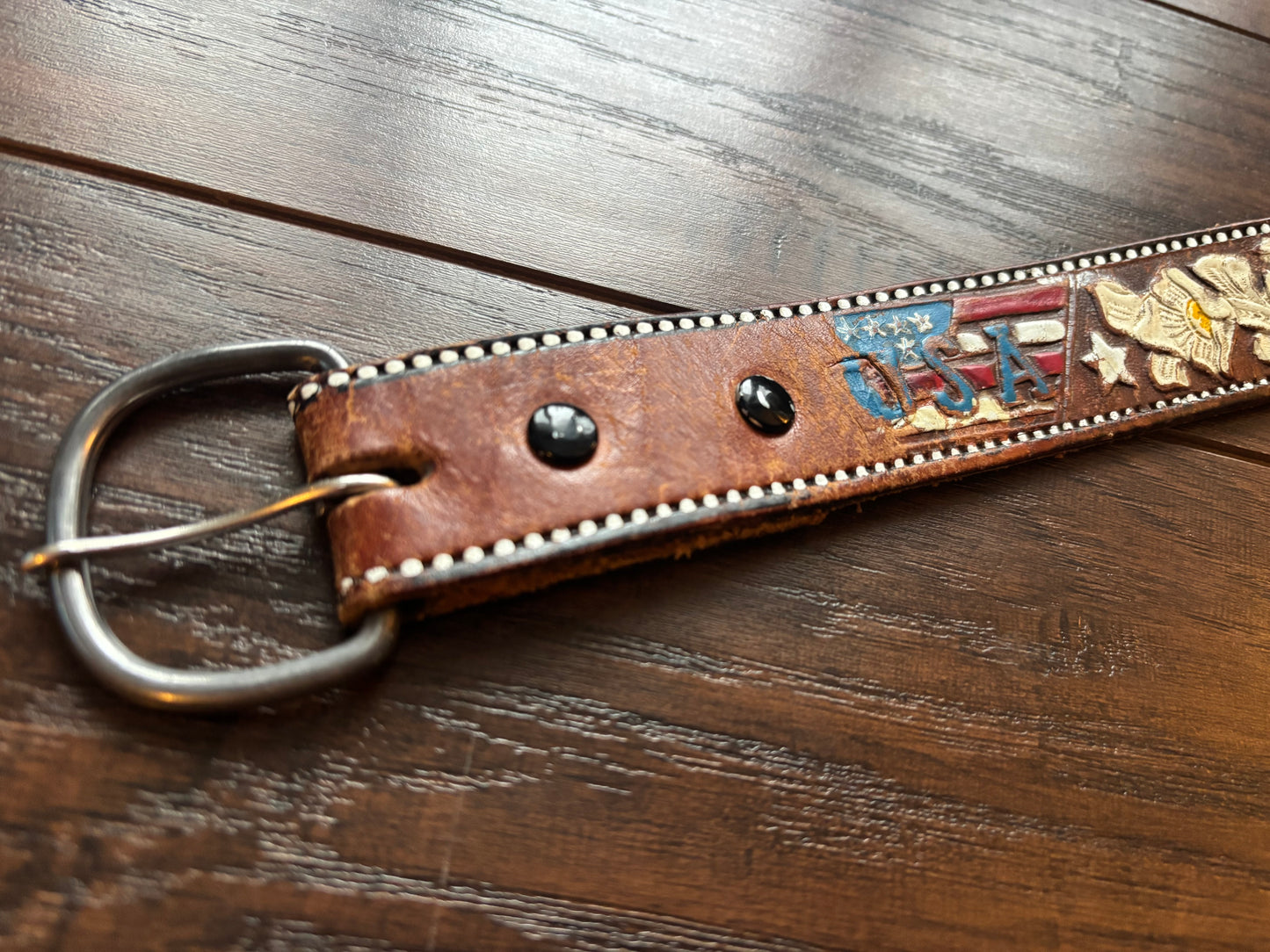Vintage Hand-Tooled Leather Belt Featuring An American Eagle