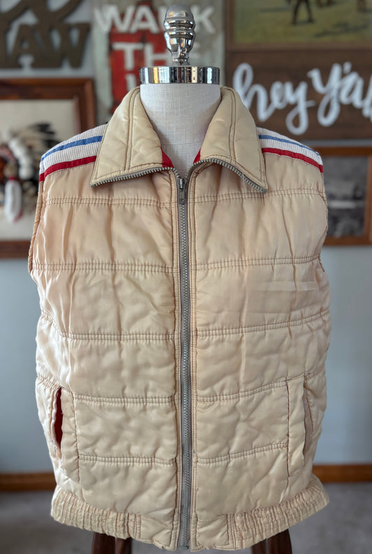 Vintage 70s/80s Alpine Ski Puffer Vest Medium Cream Nylon Red White Blue Stripe Retro Ski Vest Made in Korea