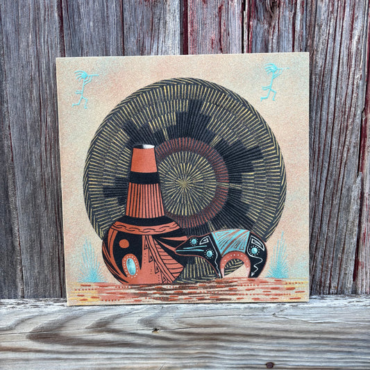 Vintage Southwestern Sand Art Panel “Basket, Bear & Pottery” | Desert Folk Art | Vintage Boho Wall Decor