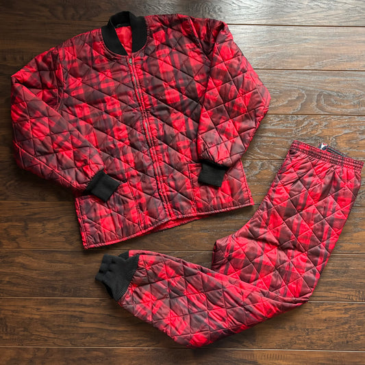 Vintage 70s Buffalo Plaid Quilted Hunting Set | Red Black Insulated Jacket & Pants | Conmatic Zipper