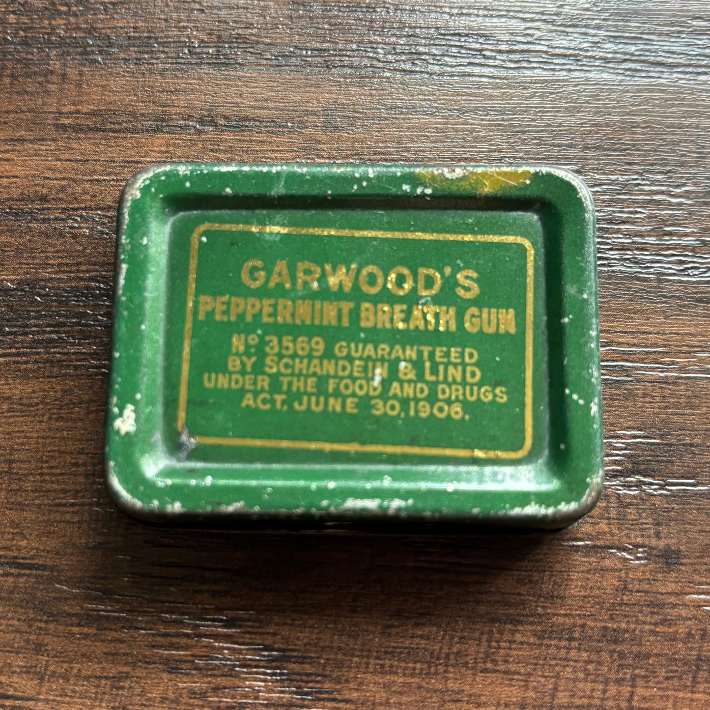 Antique Garwood’s Peppermint Breath Gum Tin c1910s Green Advertising Pocket Tin Schandein & Lind Philadelphia Vintage Metal Candy Tin