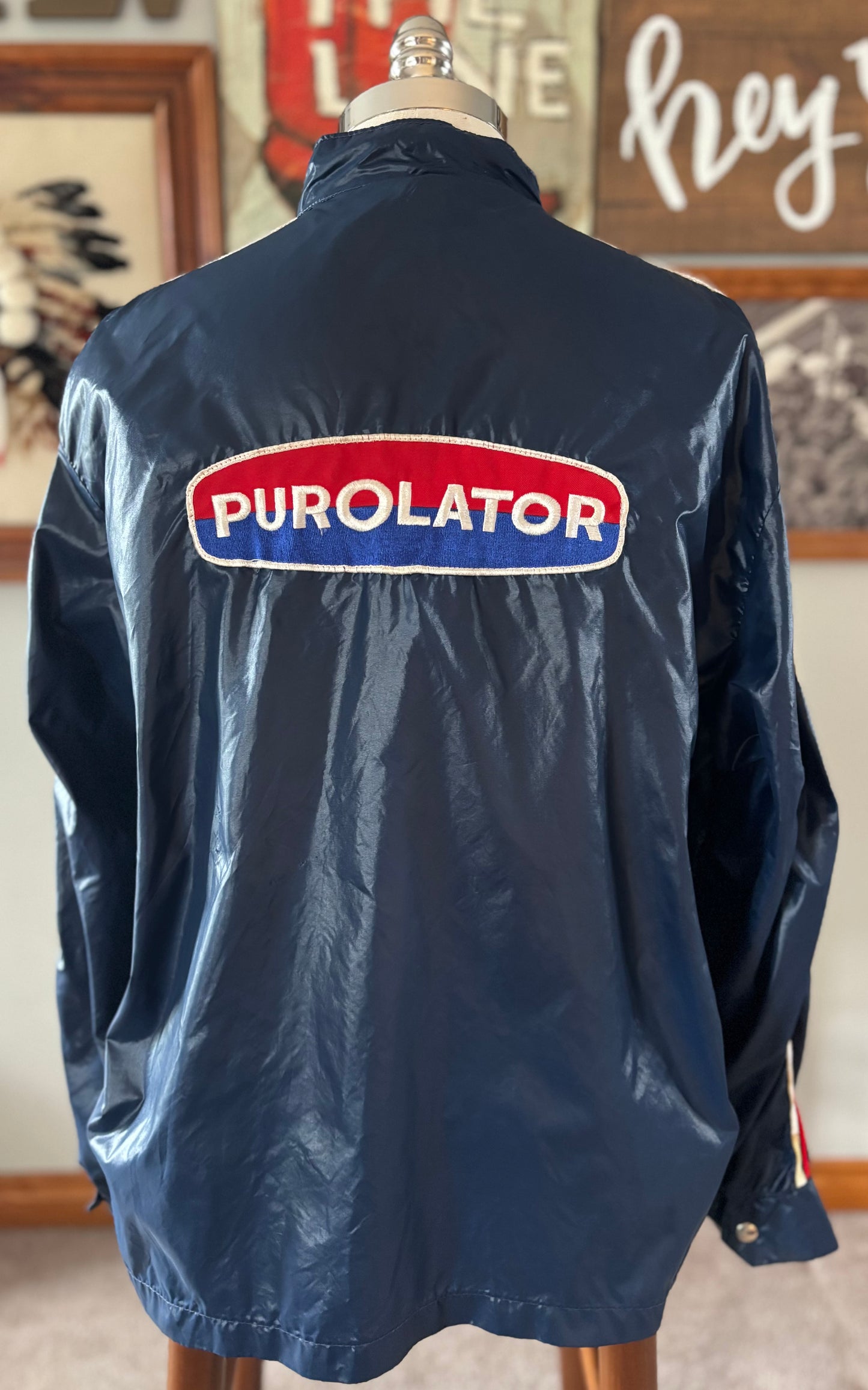 Vintage 70s Purolator Racing Jacket Navy Nylon Gas Oil Promo Talon Zip Striped Sleeve Service Station Coat Large Back Patch USA