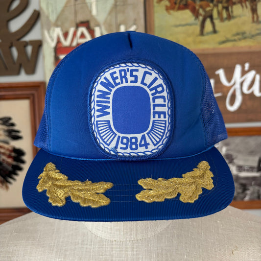 Vintage 1980s Winn Dixie Winner’s Circle Trucker Hat Blue Foam Mesh Snapback 1984 Promo Cap Gold Leaf Brim | Rare