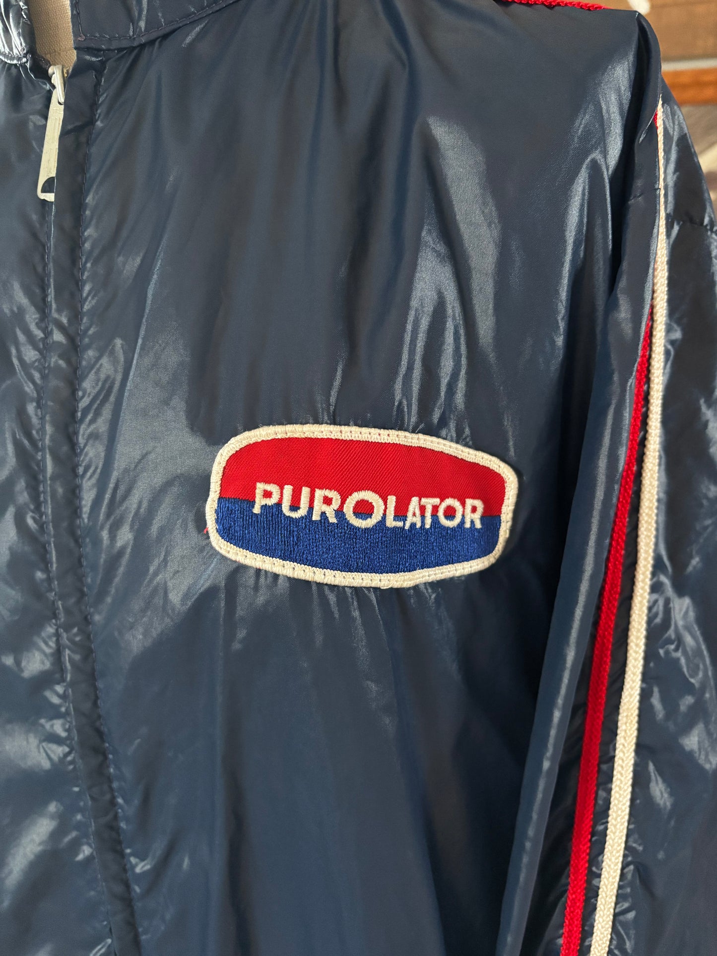 Vintage 70s Purolator Racing Jacket Navy Nylon Gas Oil Promo Talon Zip Striped Sleeve Service Station Coat Large Back Patch USA