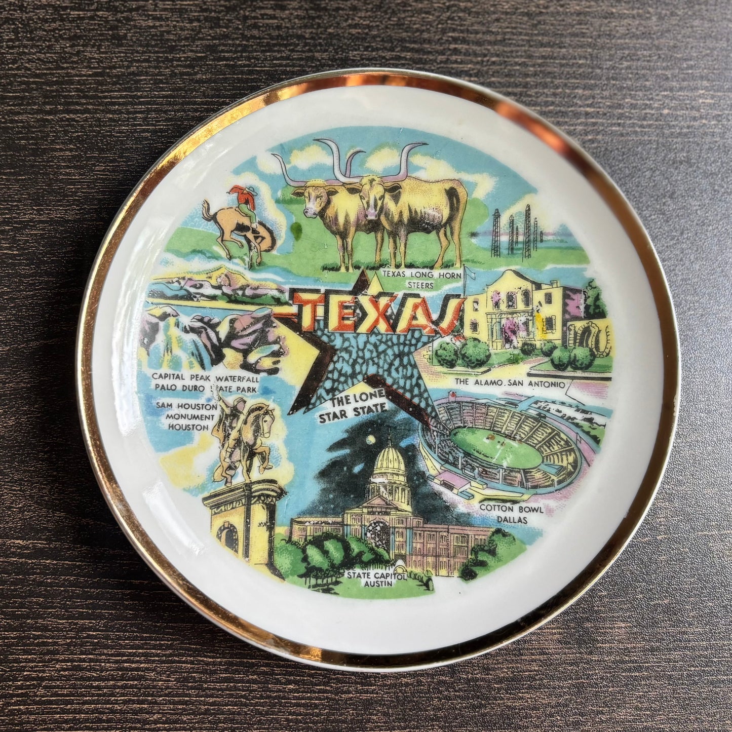 Vintage Texas Souvenir Plate Thrifco Made in Japan Lone Star State Gold Trim