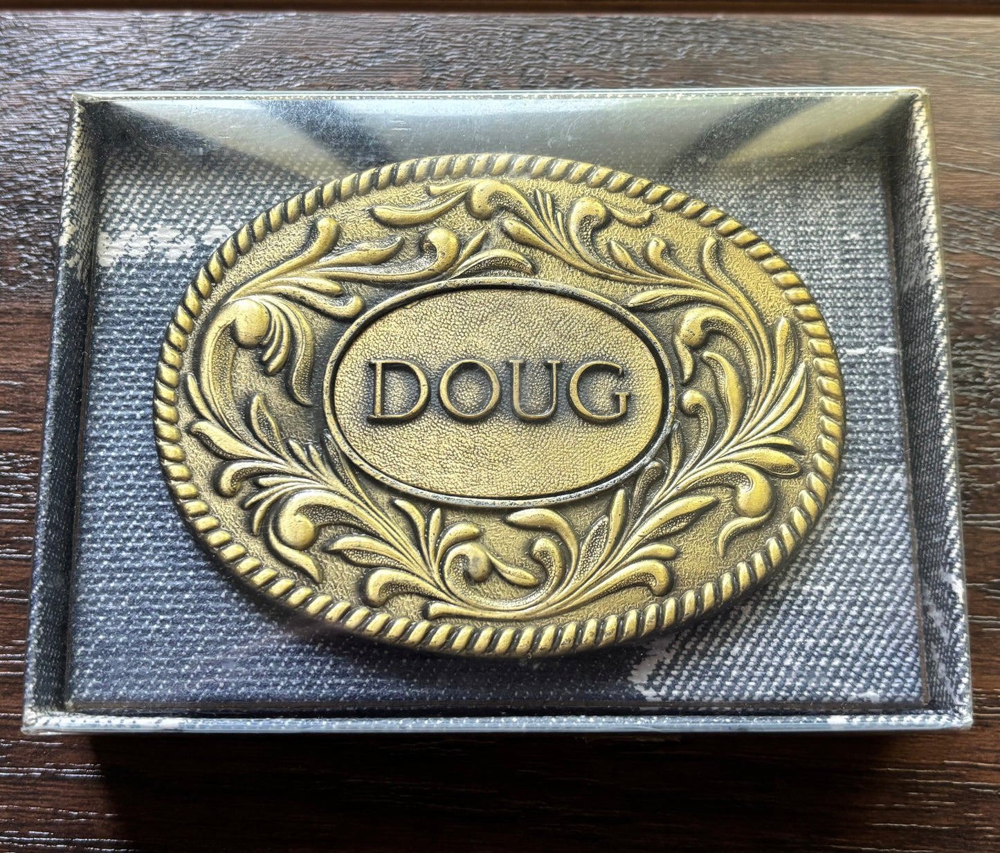 Vintage 1977 Personalized “DOUG” Western Belt Buckle | Ornate Floral | Brass Tone Kinney Co with Box