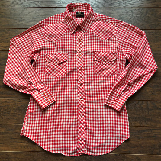 Vintage 70s Sears Western Snap Shirt Red White Gingham Pearl Snap Cowboy Button Up Men’s Large