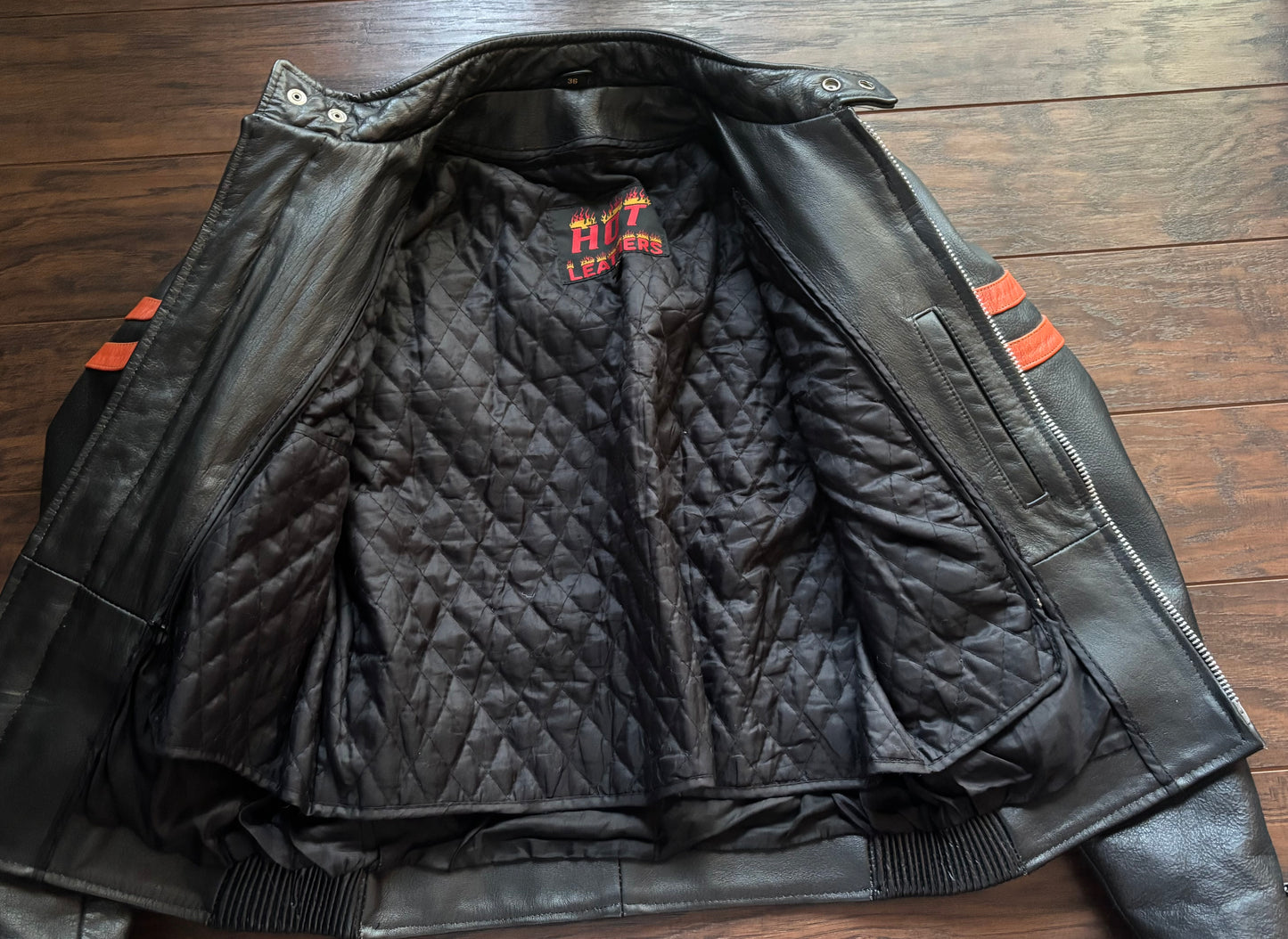 Vintage Women’s Y2K Hot Leathers Black Leather Moto Jacket Orange Racing Stripes