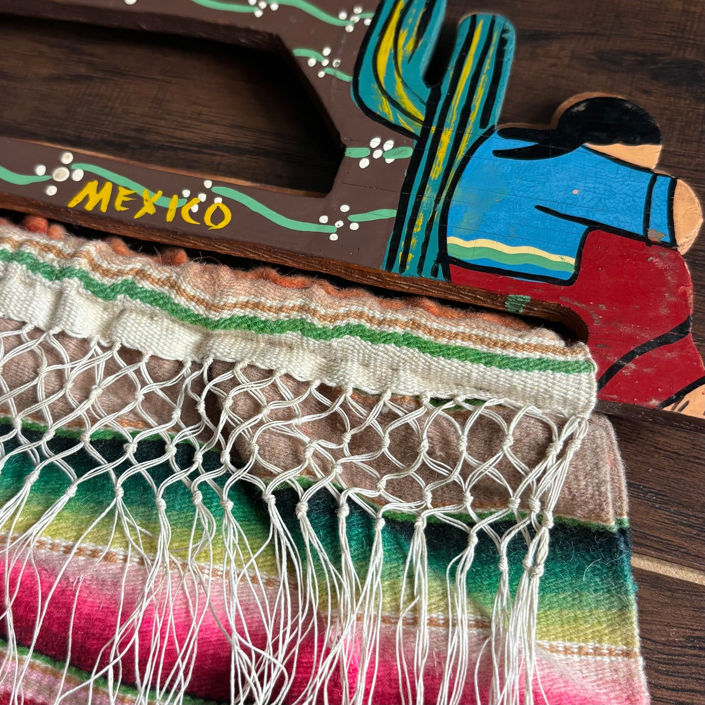 Vintage Mexican Serape Blanket Purse | Hand Painted Wood Handle Bag | 1970s Southwestern Folk Art Boho | Handmade Mexico