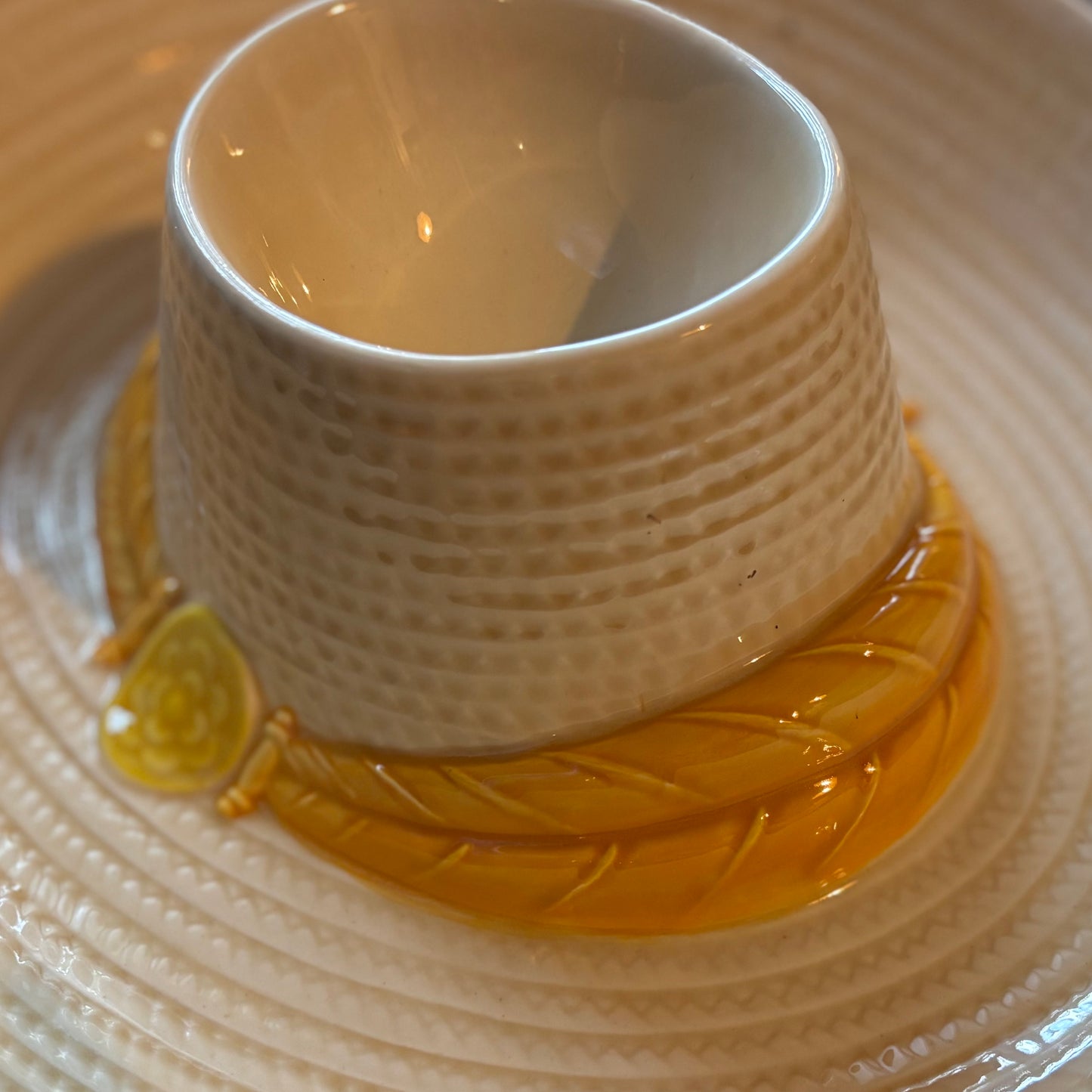 Vintage Mid Century Metlox California Chip and Dip Dish | Woven Hat Serving Bowl | Yellow Ribbon Ceramic Party Dish