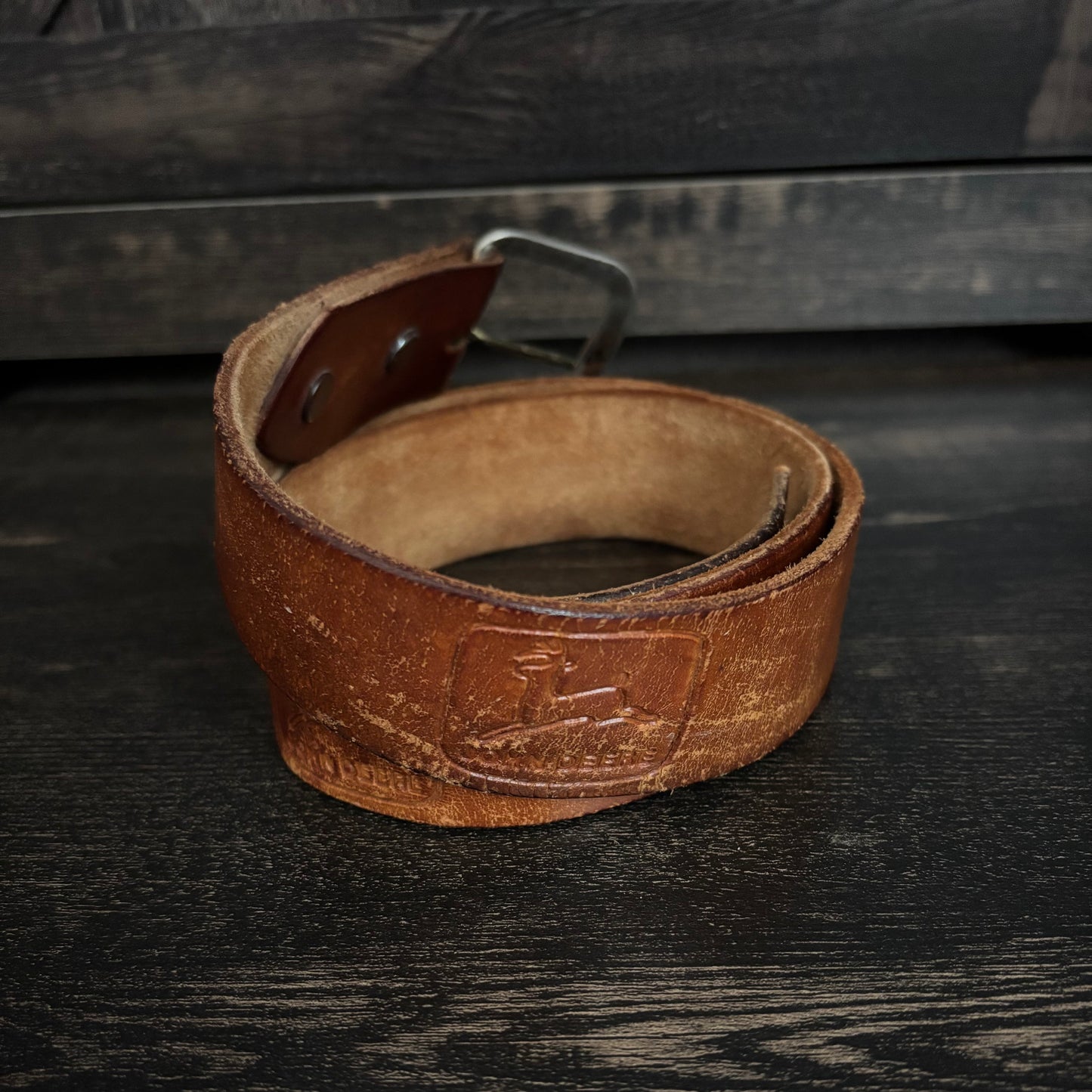 Vintage John Deere Leather Belt | Embossed Deer Logo Workwear Belt | 1980s Farm Ranch Western Americana Brown Leather Belt
