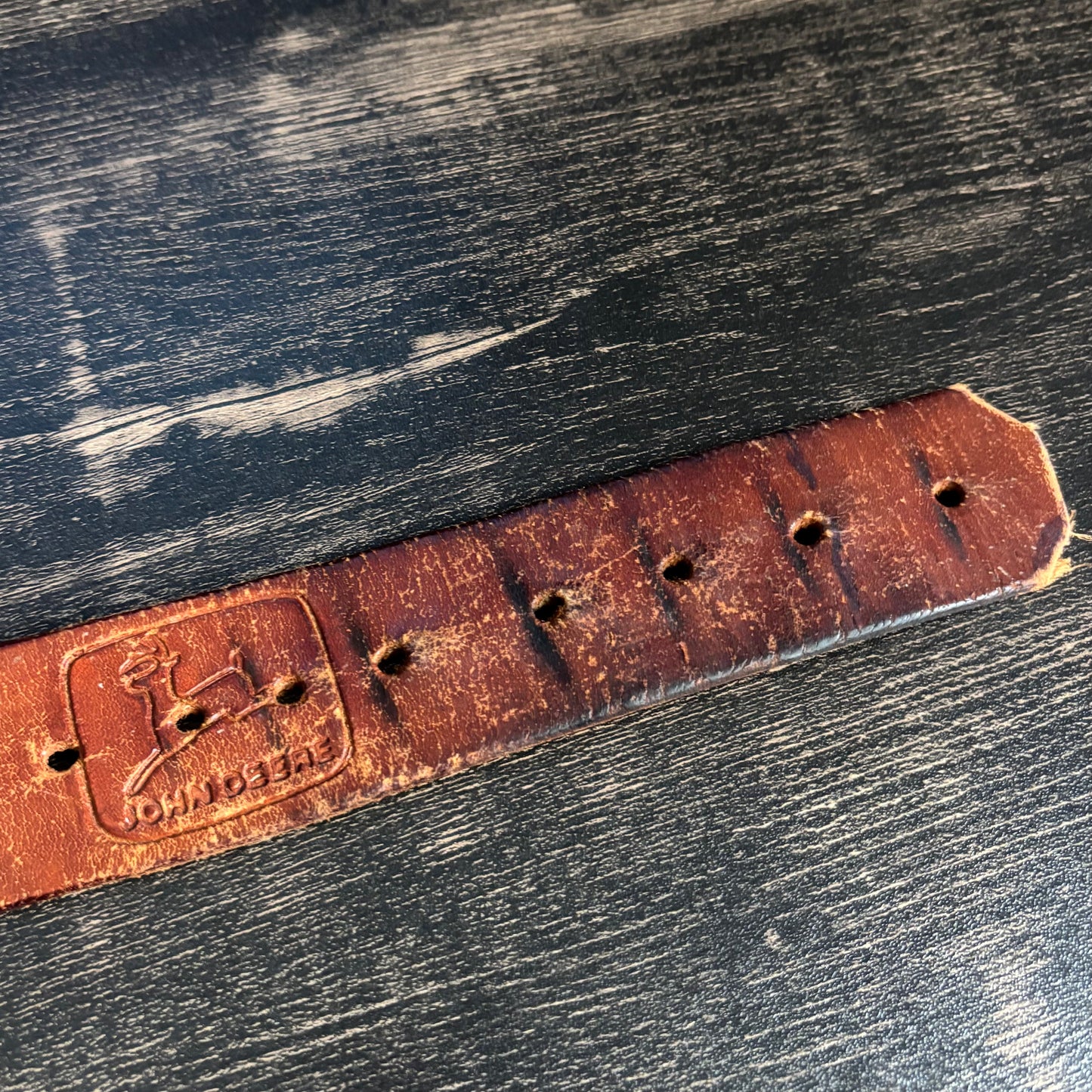 Vintage John Deere Leather Belt | Embossed Deer Logo Workwear Belt | 1980s Farm Ranch Western Americana Brown Leather Belt