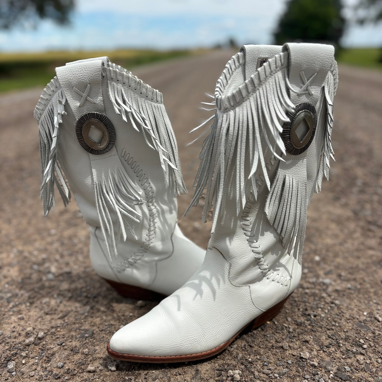Vintage Tonka by Circle S White Fringe Western Boots | Women’s Leather | Boho Festival Western Bridal Boots