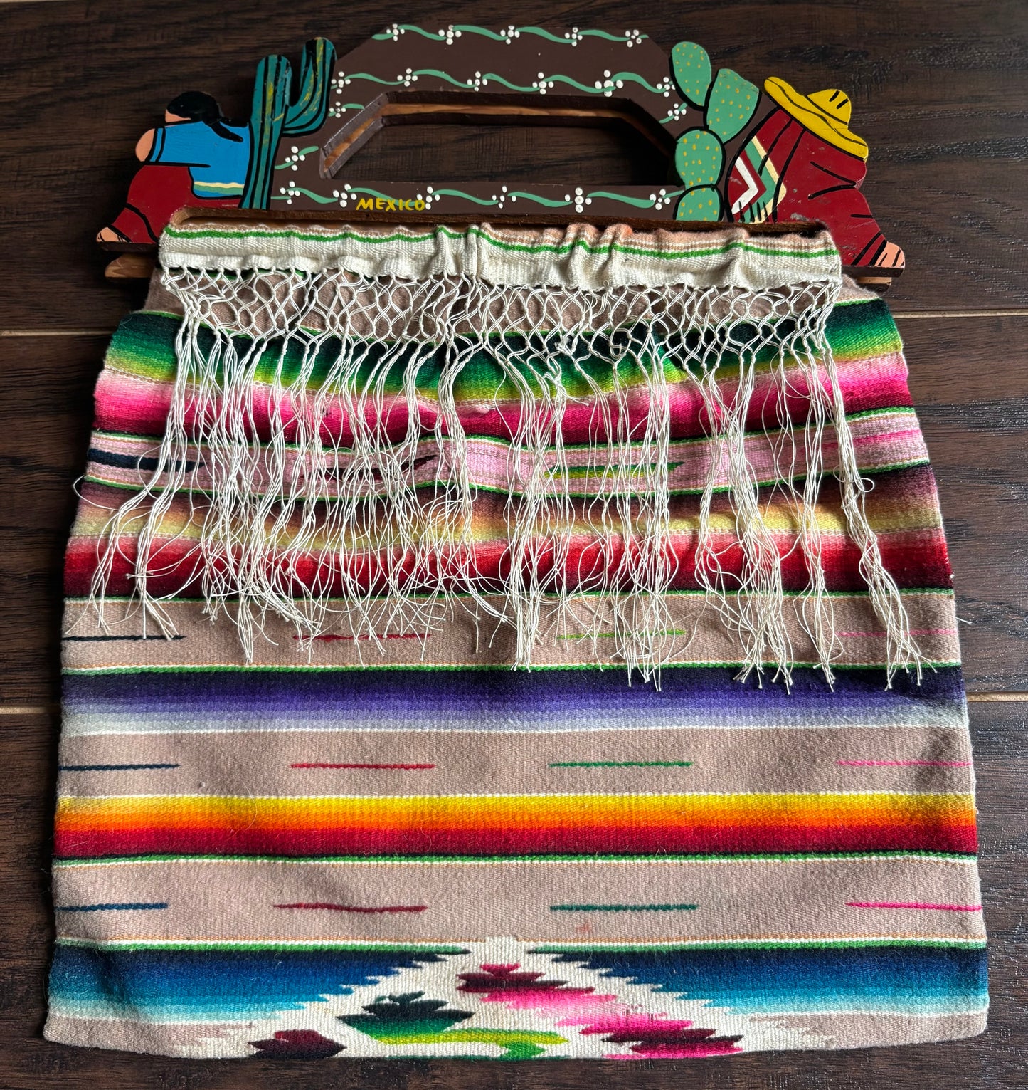 Vintage Mexican Serape Blanket Purse | Hand Painted Wood Handle Bag | 1970s Southwestern Folk Art Boho | Handmade Mexico