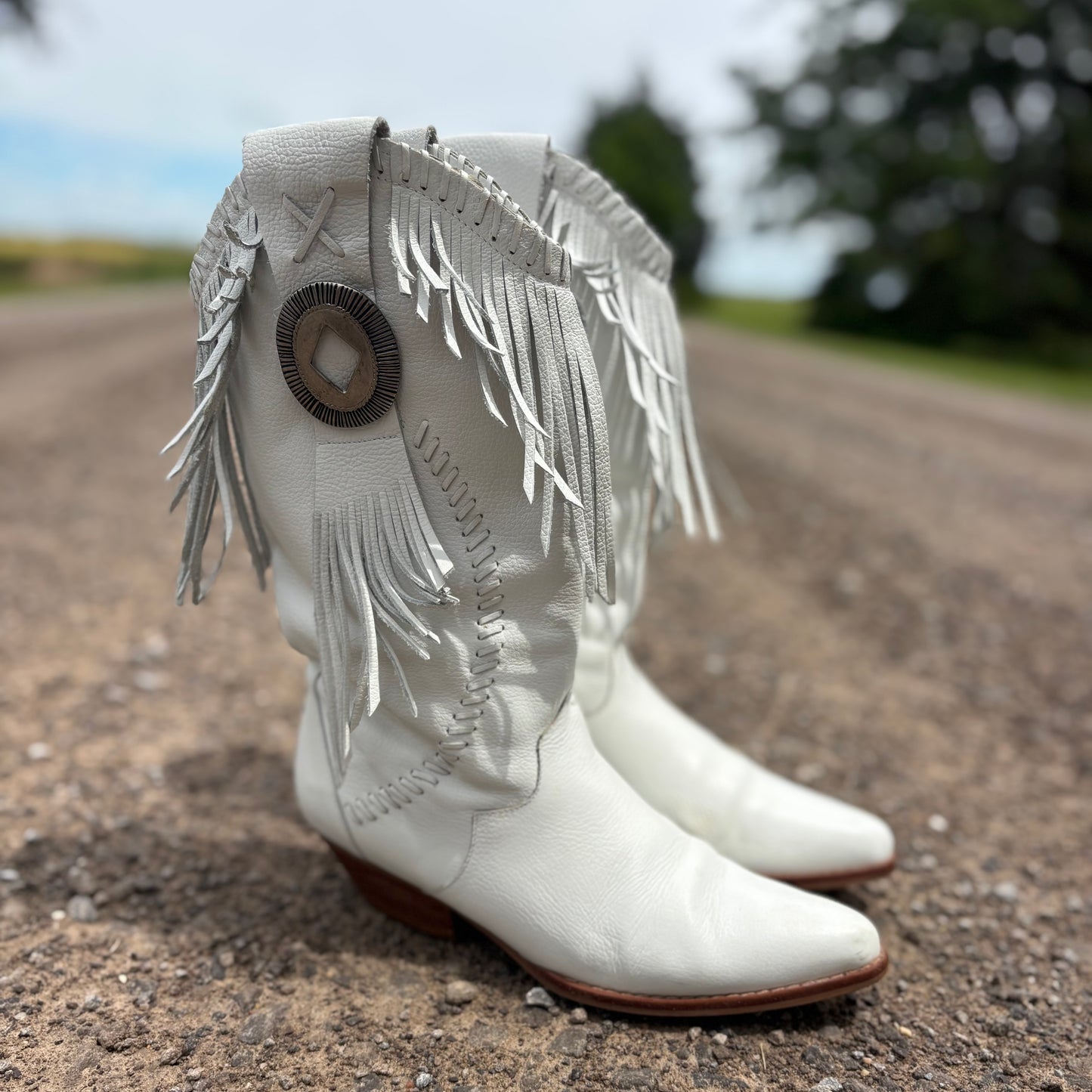 Vintage Tonka by Circle S White Fringe Western Boots | Women’s Leather | Boho Festival Western Bridal Boots