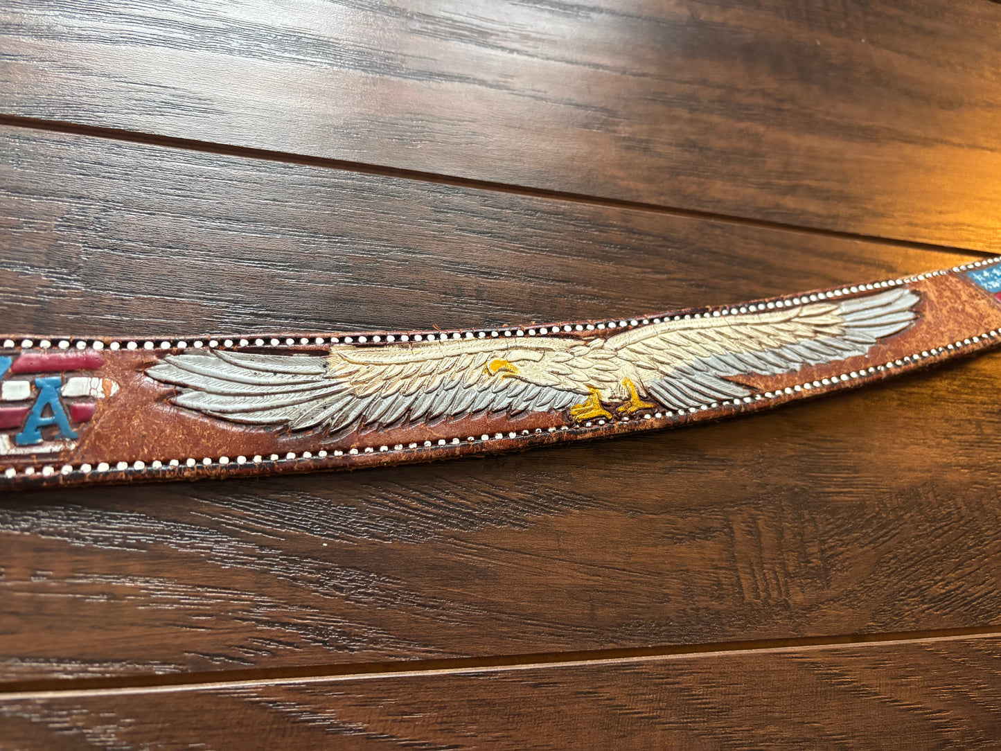 Vintage Hand-Tooled Leather Belt Featuring An American Eagle