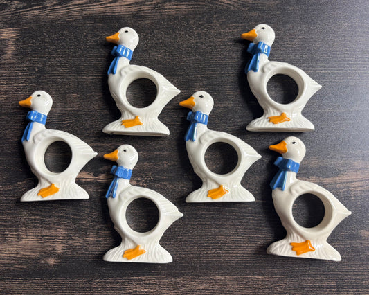 Vintage 1985 Sittre Ceramic Goose Napkin Rings Set of 6 | Blue Scarf Country Goose Table Decor | Cottagecore Dining