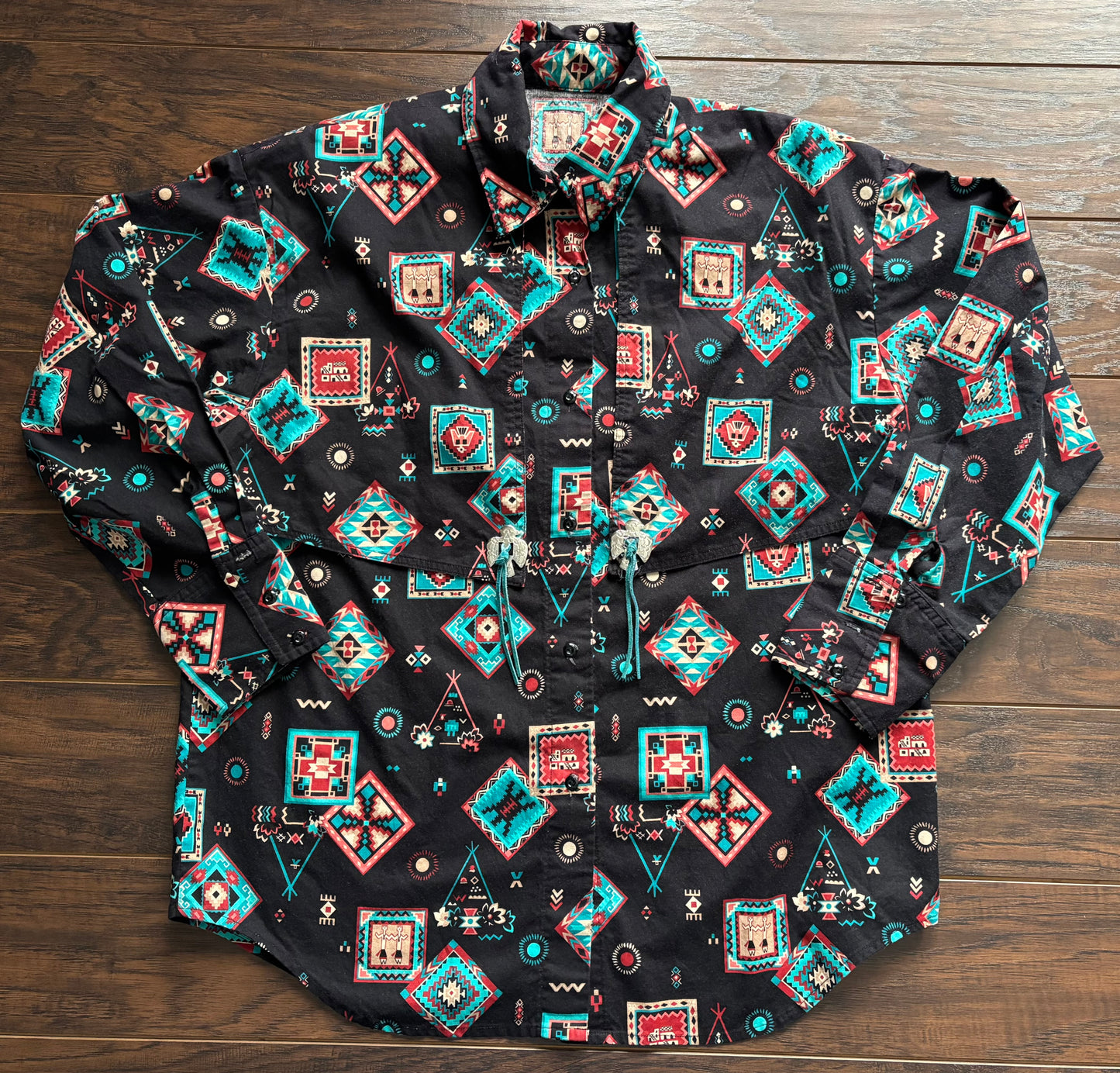 Vintage 90s Southwestern Layered Button Up Shirt with Bolo Tie Detail | Aztec Navajo Print Cowgirl Shirt