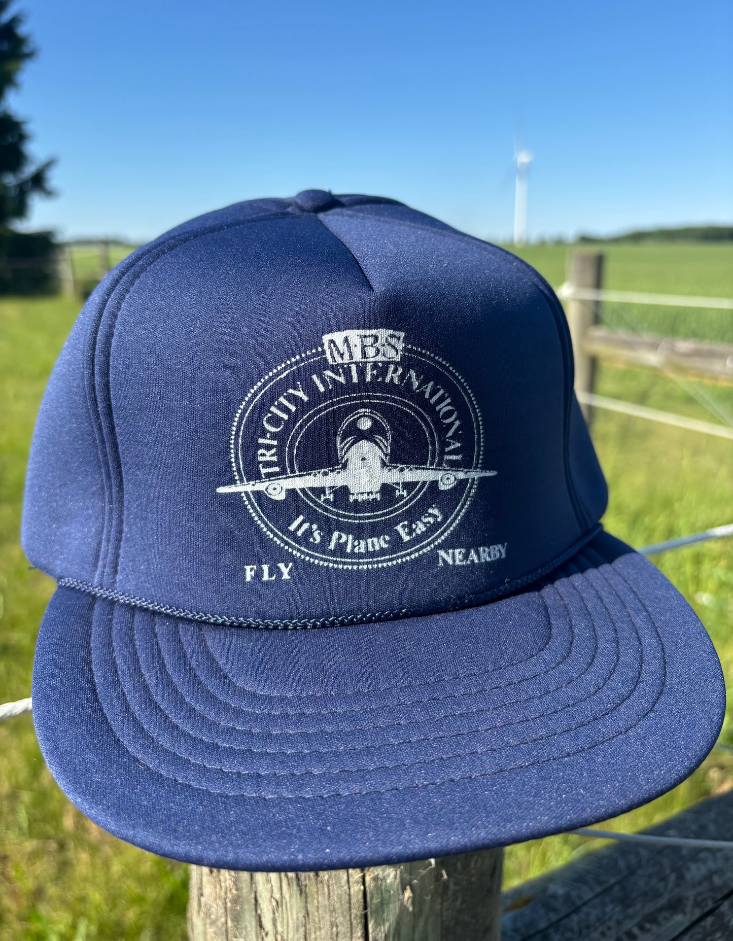 Vintage MBS Tri-City International Aviation Trucker Hat | 80s 90s Foam Snapback Cap | Airline Promo Hat | Navy Blue Pilot Travel Cap