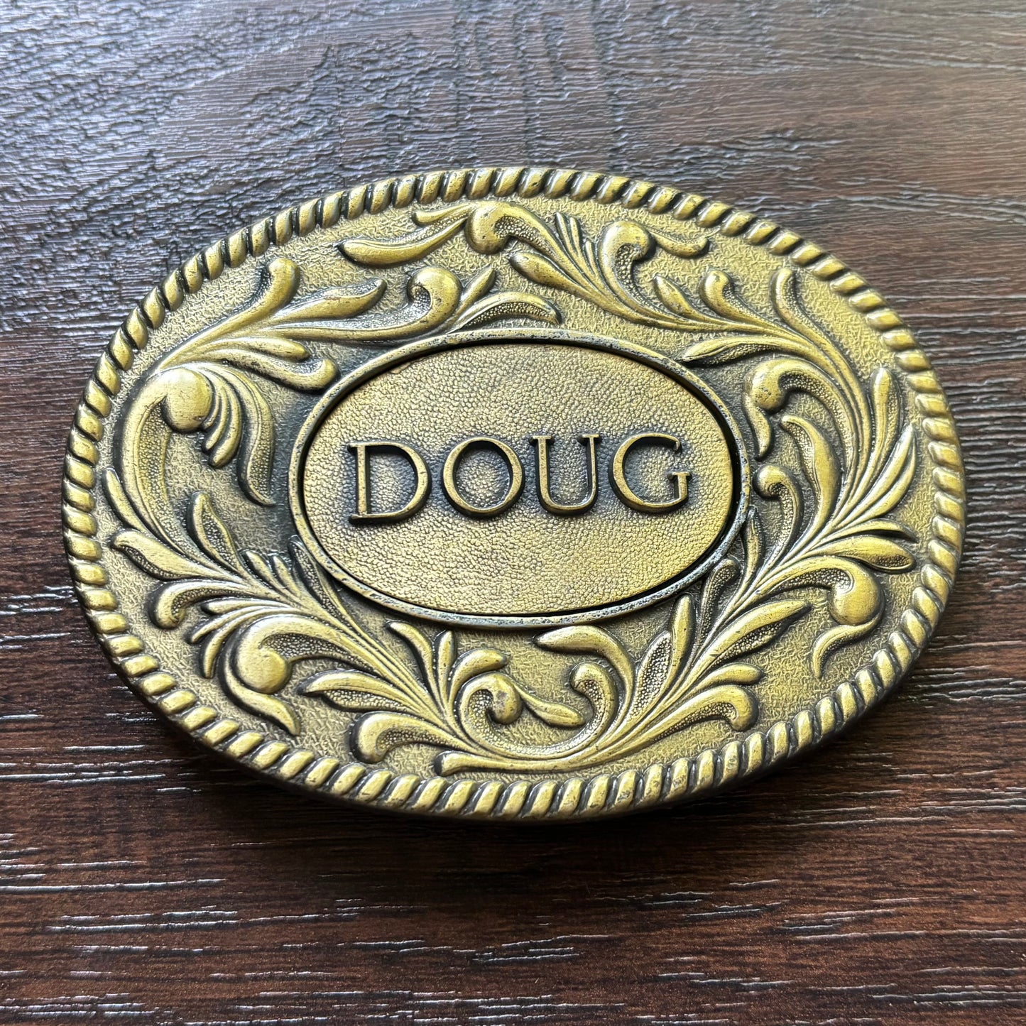 Vintage 1977 Personalized “DOUG” Western Belt Buckle | Ornate Floral | Brass Tone Kinney Co with Box
