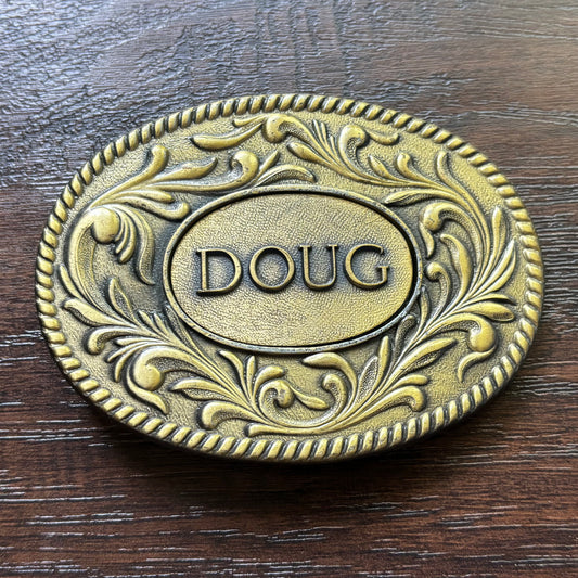 Vintage 1977 Personalized “DOUG” Western Belt Buckle | Ornate Floral | Brass Tone Kinney Co with Box