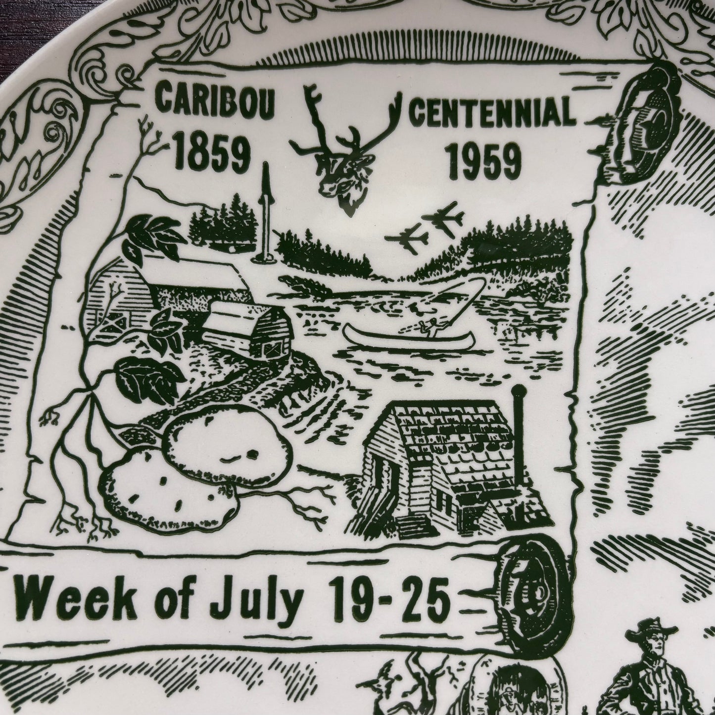 Vintage 1959 Caribou Maine Centennial Plate | Kettlesprings Kilns Souvenir Plate | Mid Century Americana Transferware | Maine Potato Country