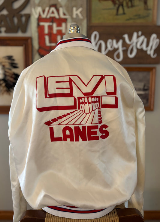 Vintage 1970s Bowling Jacket Levi Lanes Satin Snap Front Aristo Jac Hilton USA Made White Red League Jacket