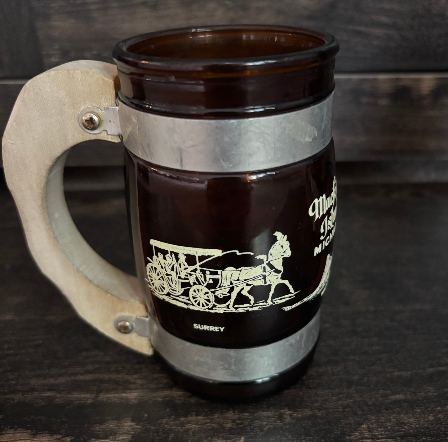 Vintage Mackinac Island Michigan Barrel Mug Set Smoked Glass Grand Hotel Mackinac Bridge Retro Tourist Souvenir Cups