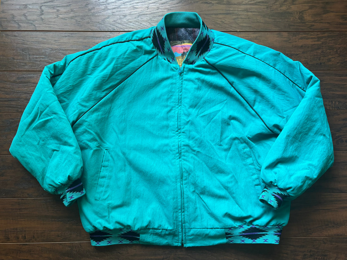 Vintage 90s Santa Fe Trail Southwestern Bomber Jacket XL Made USA Aztec Blanket Lined Teal Western Ranch Coat