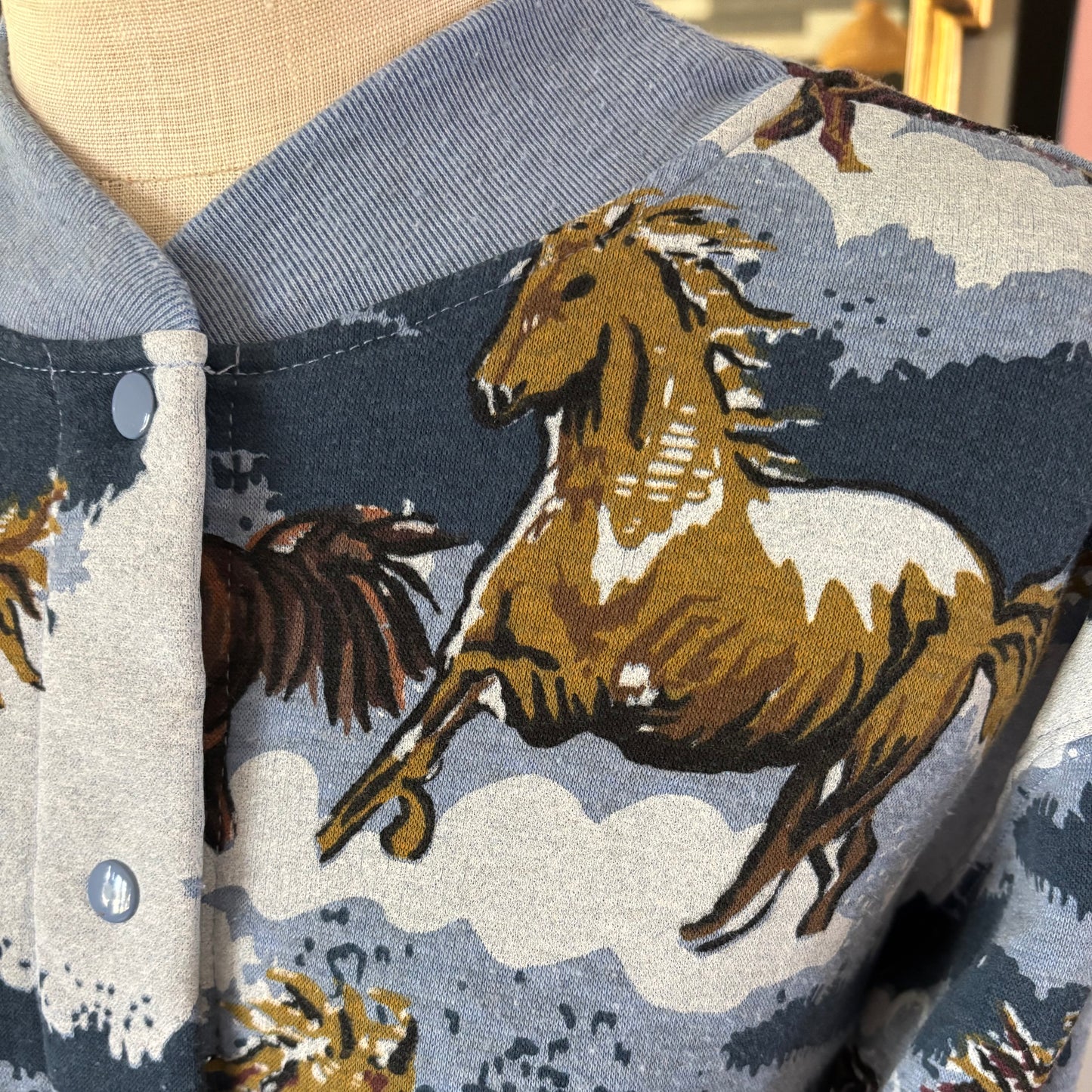Vintage Blair Horse Print Snap Front Fleece Jacket | 90s Western Equestrian Sweatshirt Cardigan | Running Horses Novelty Print | Women’s Med