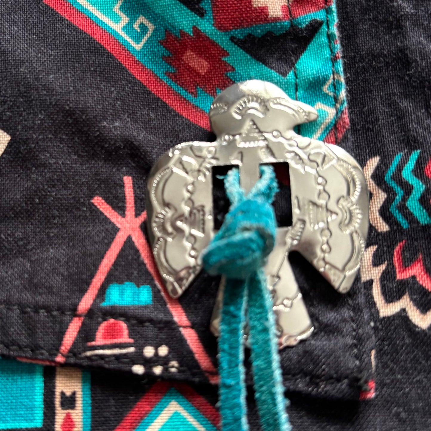 Vintage 90s Southwestern Layered Button Up Shirt with Bolo Tie Detail | Aztec Navajo Print Cowgirl Shirt