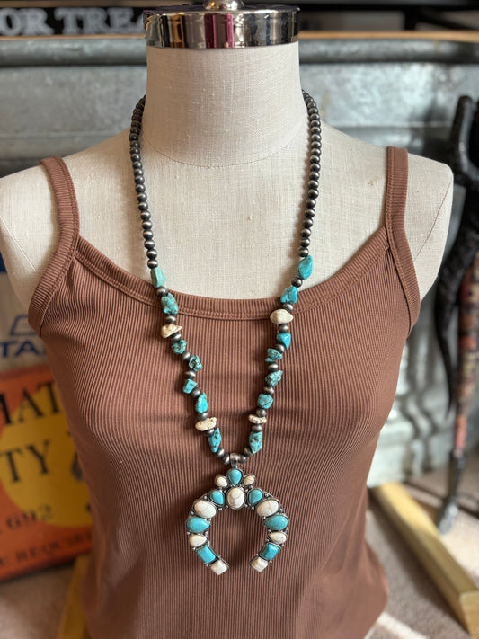 Sticks & Stones Turquoise and White Howlite Squash Blossom Necklace