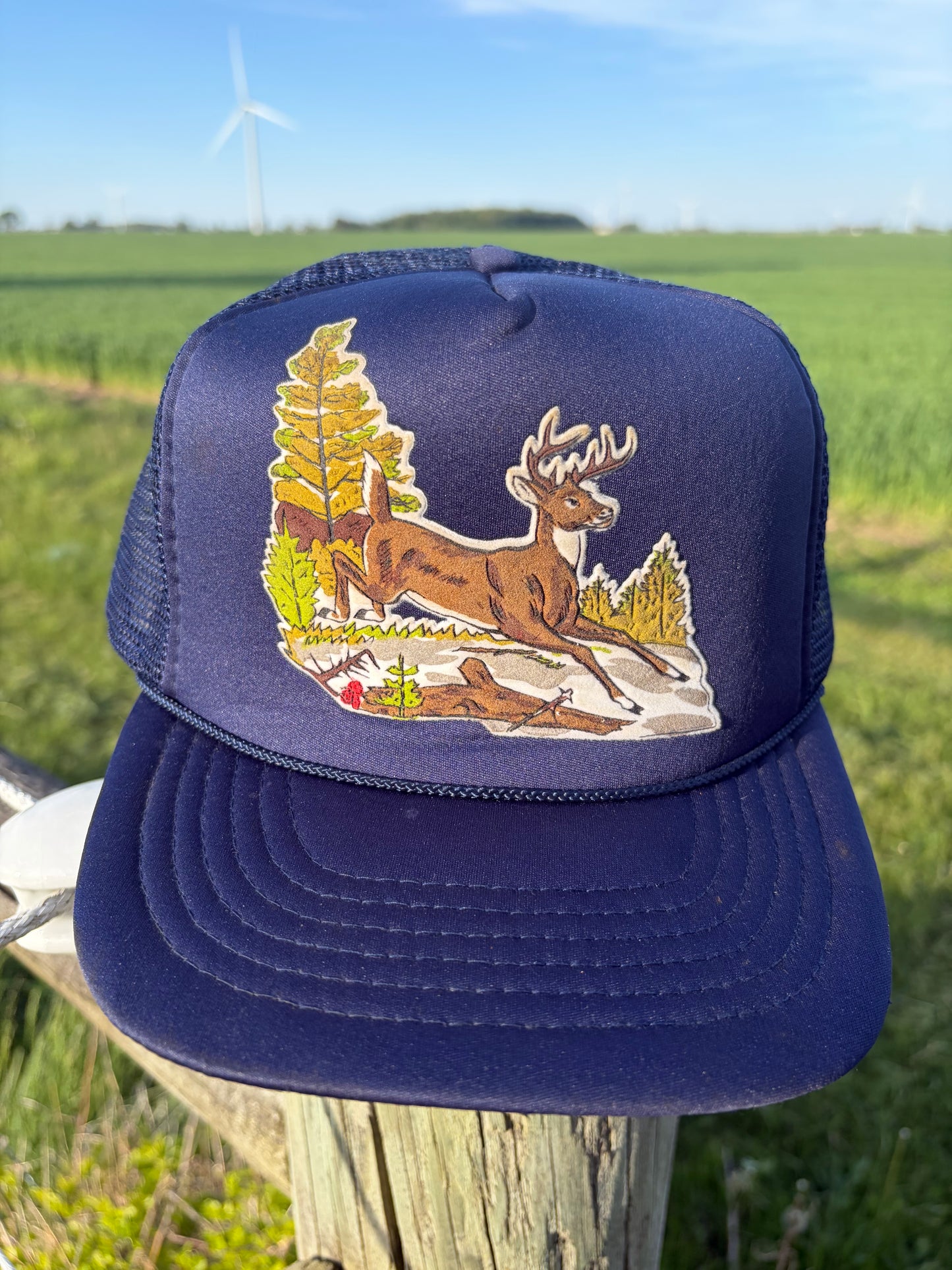 Vintage 80s Deer Hunting Trucker Hat Navy Blue Mesh Snapback Whitetail Buck Outdoors Made in Taiwan