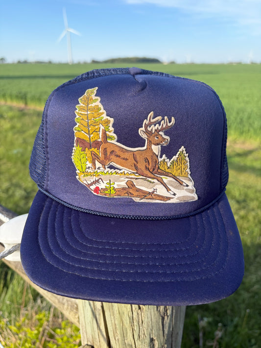 Vintage 80s Deer Hunting Trucker Hat Navy Blue Mesh Snapback Whitetail Buck Outdoors Made in Taiwan