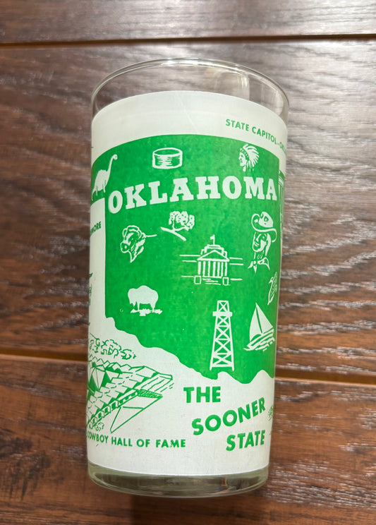 Vintage Oklahoma Souvenir Glass Tumbler | Federal Glass Mid Century Frosted Green Drinking Glass | Route 66 Travel Barware | Sooner State Decor