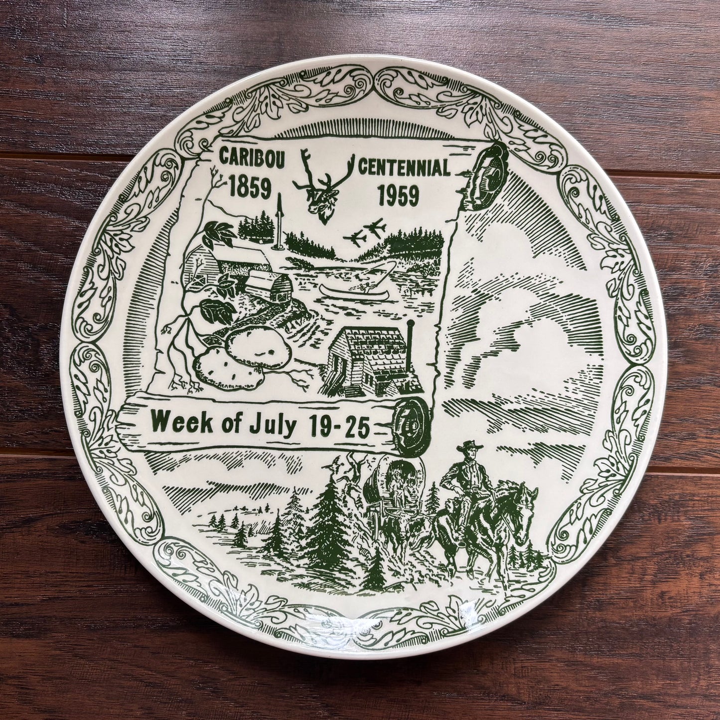 Vintage 1959 Caribou Maine Centennial Plate | Kettlesprings Kilns Souvenir Plate | Mid Century Americana Transferware | Maine Potato Country