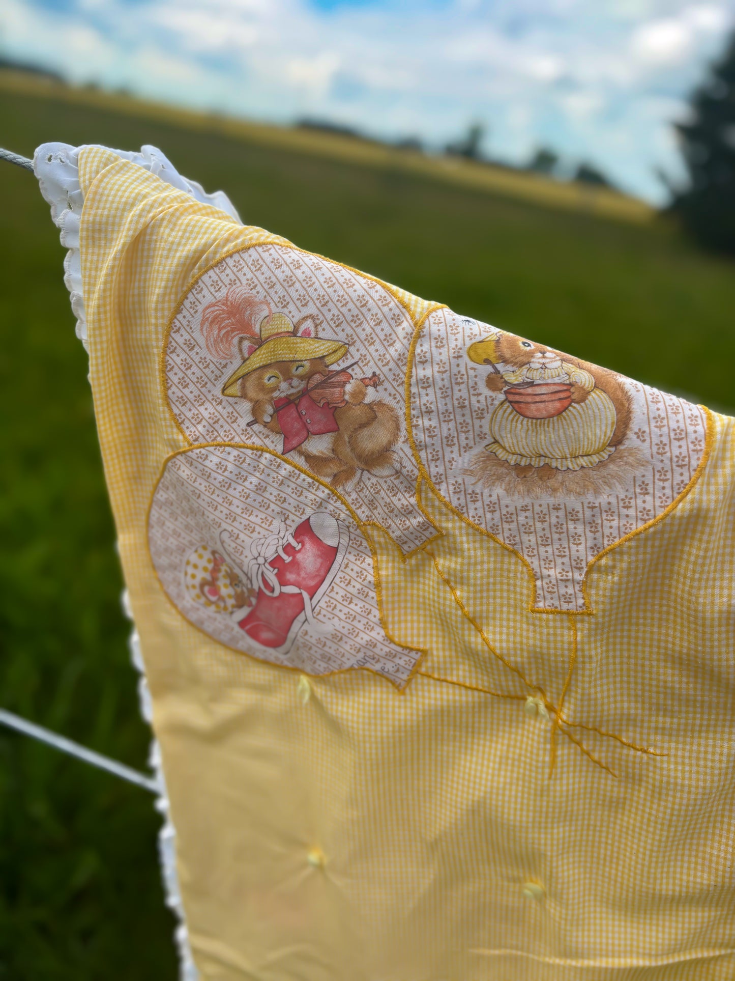 Vintage Handmade Nursery Rhyme Baby Quilt Blanket Mother Goose Yellow Gingham