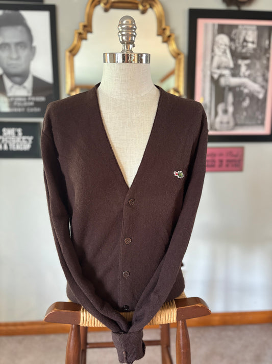 Vintage 1970s Sears Dragon Logo Cardigan Sweater Brown Preppy Ivy League Grandpa Core Acrylic Knit Men’s