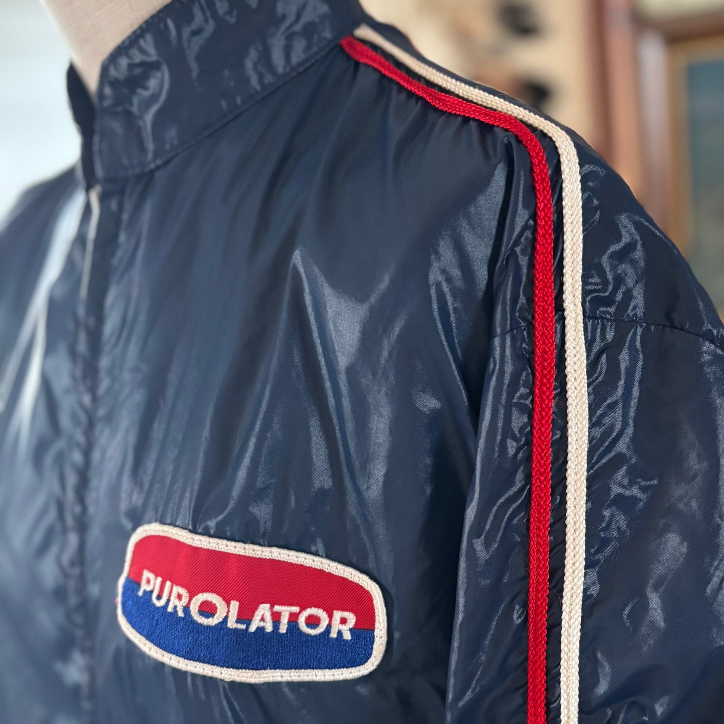 Vintage 70s Purolator Racing Jacket Navy Nylon Gas Oil Promo Talon Zip Striped Sleeve Service Station Coat Large Back Patch USA