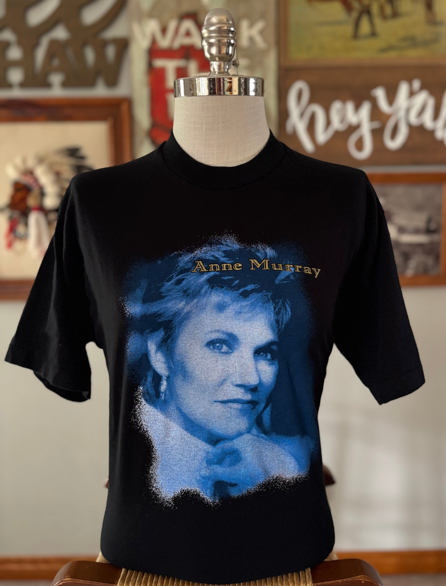 Vintage Anne Murray T Shirt Large 90s Country Music Portrait Black Blue Graphic Fruit of the Loom Heavy Cotton