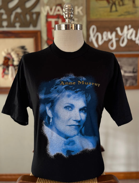Vintage Anne Murray T Shirt Large 90s Country Music Portrait Black Blue Graphic Fruit of the Loom Heavy Cotton