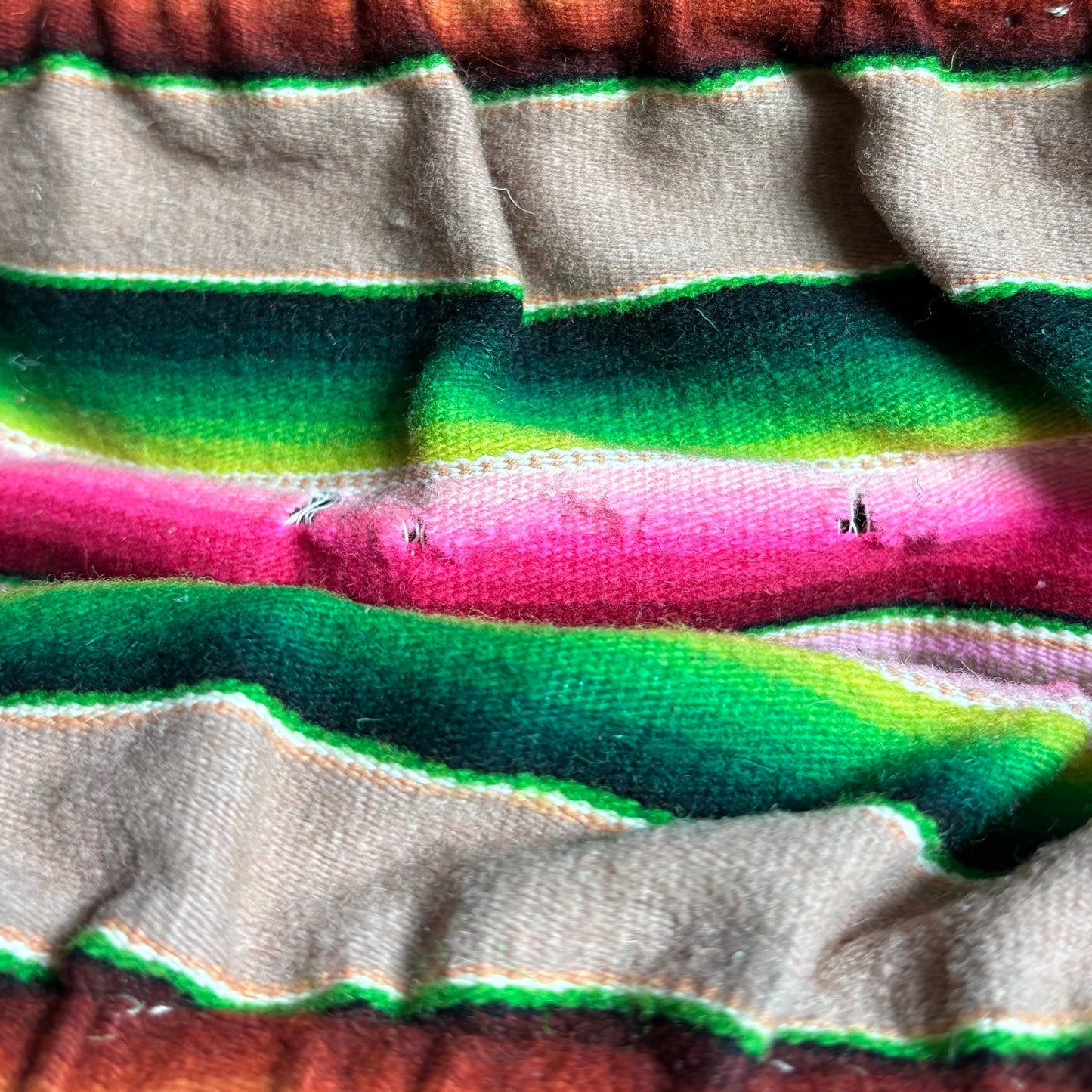 Vintage Mexican Serape Blanket Purse | Hand Painted Wood Handle Bag | 1970s Southwestern Folk Art Boho | Handmade Mexico
