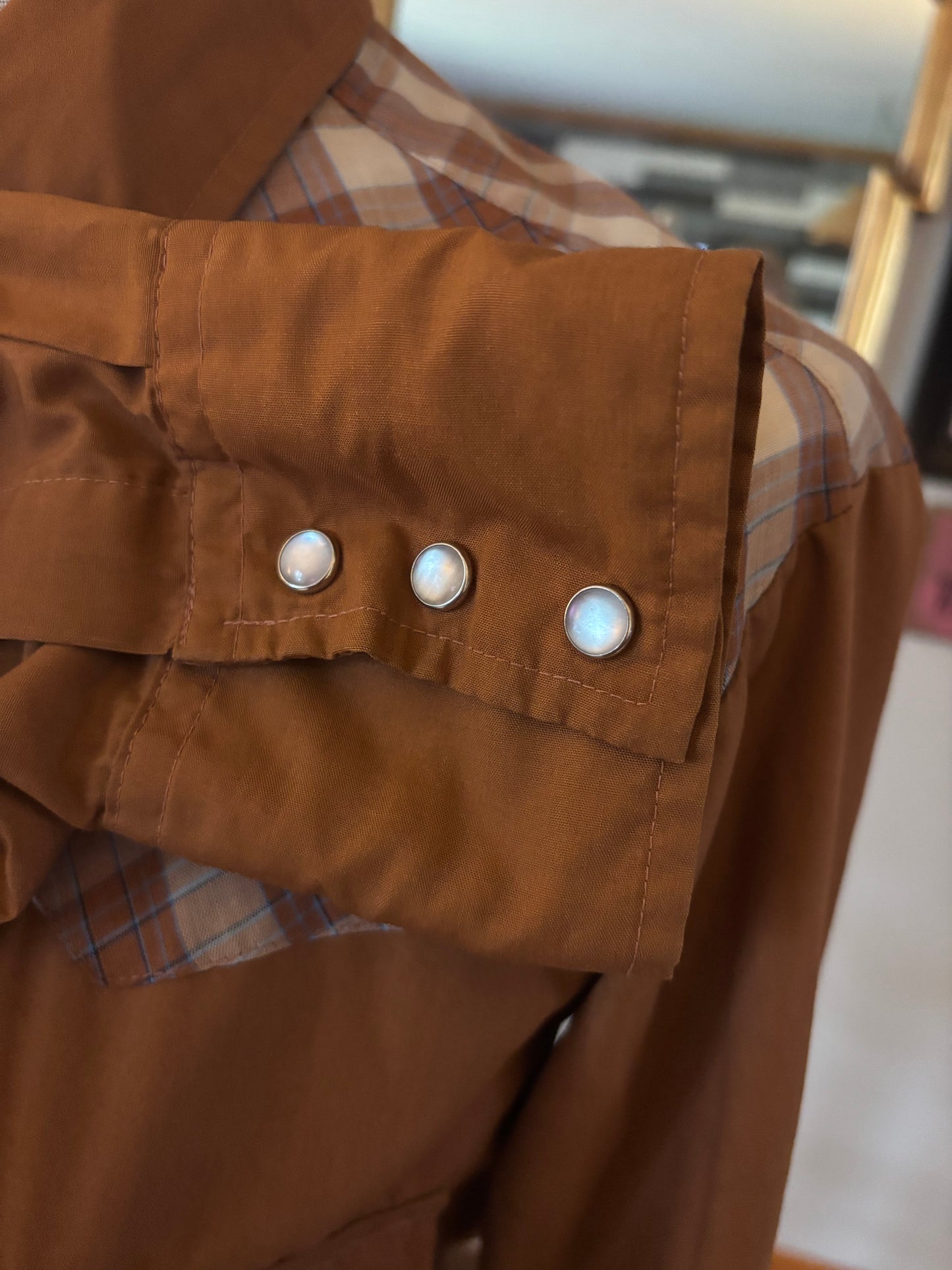 Vintage 1970s Western Pearl Snap Shirt Brown Plaid Yoke Made in Korea Medium Retro Ranchwear