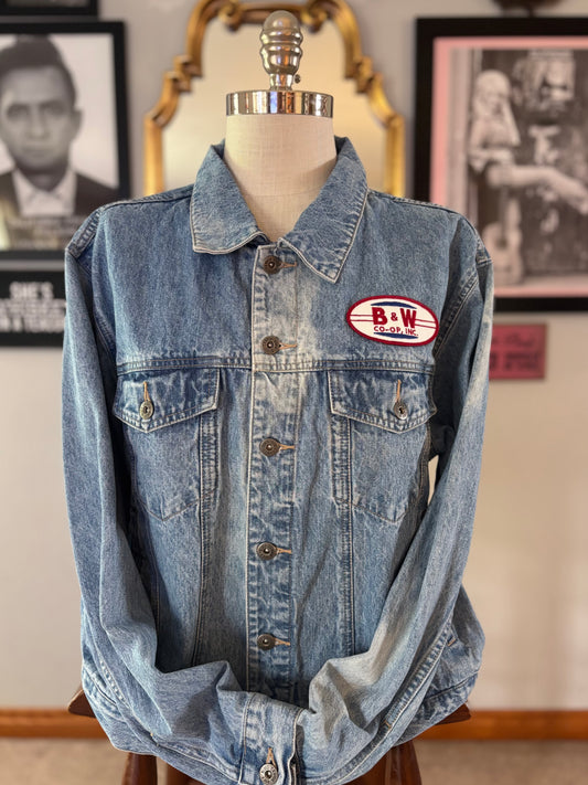 Vintage Denim Jacket with B&W Co-Op Patch | Western Workwear Jacket | Farm Supply Advertising | Americana Denim Coat | Size Large