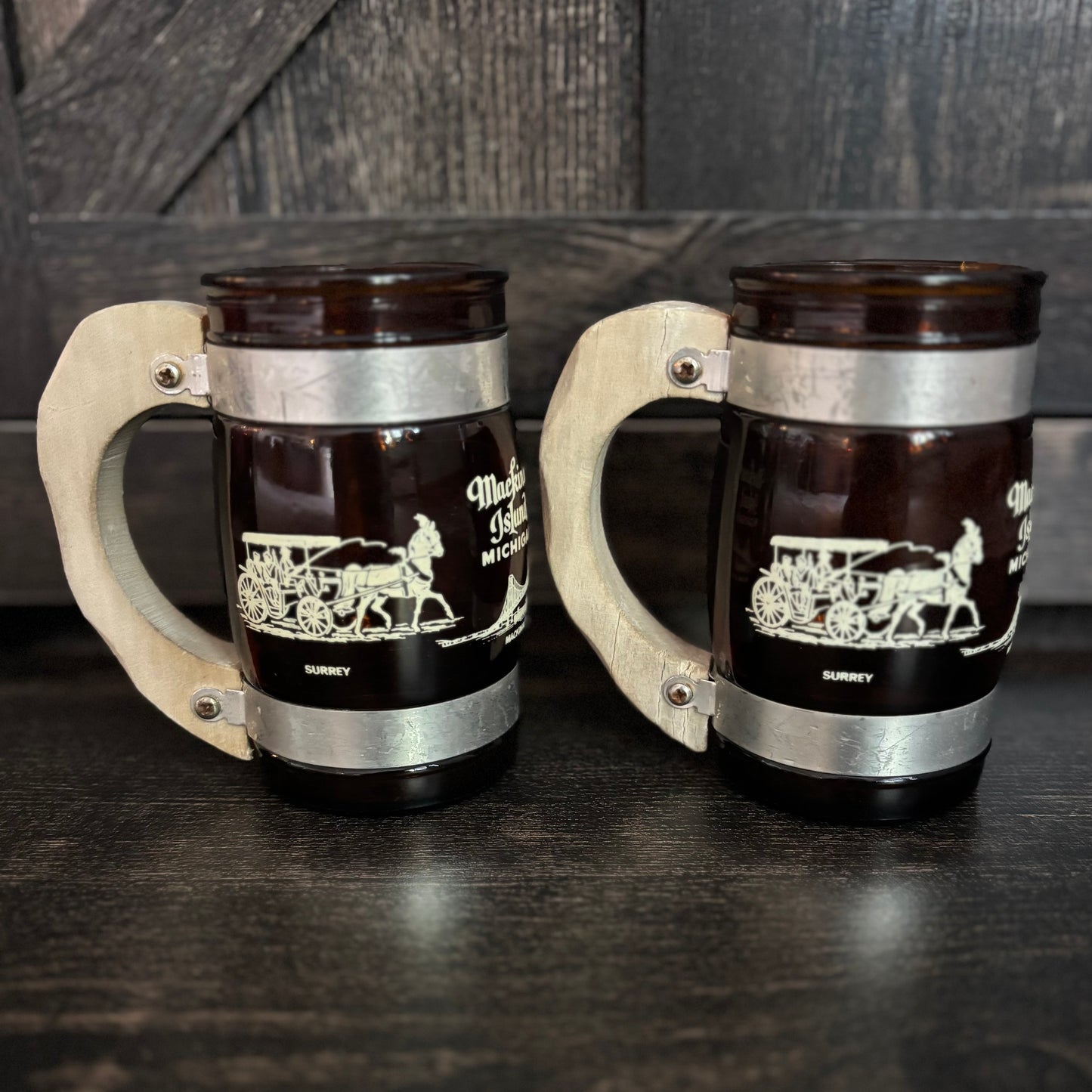 Vintage Mackinac Island Michigan Barrel Mug Set Smoked Glass Grand Hotel Mackinac Bridge Retro Tourist Souvenir Cups